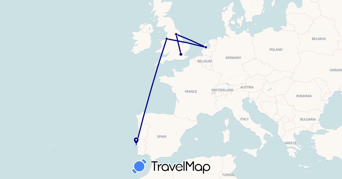 TravelMap itinerary: driving in United Kingdom, Netherlands, Portugal (Europe)